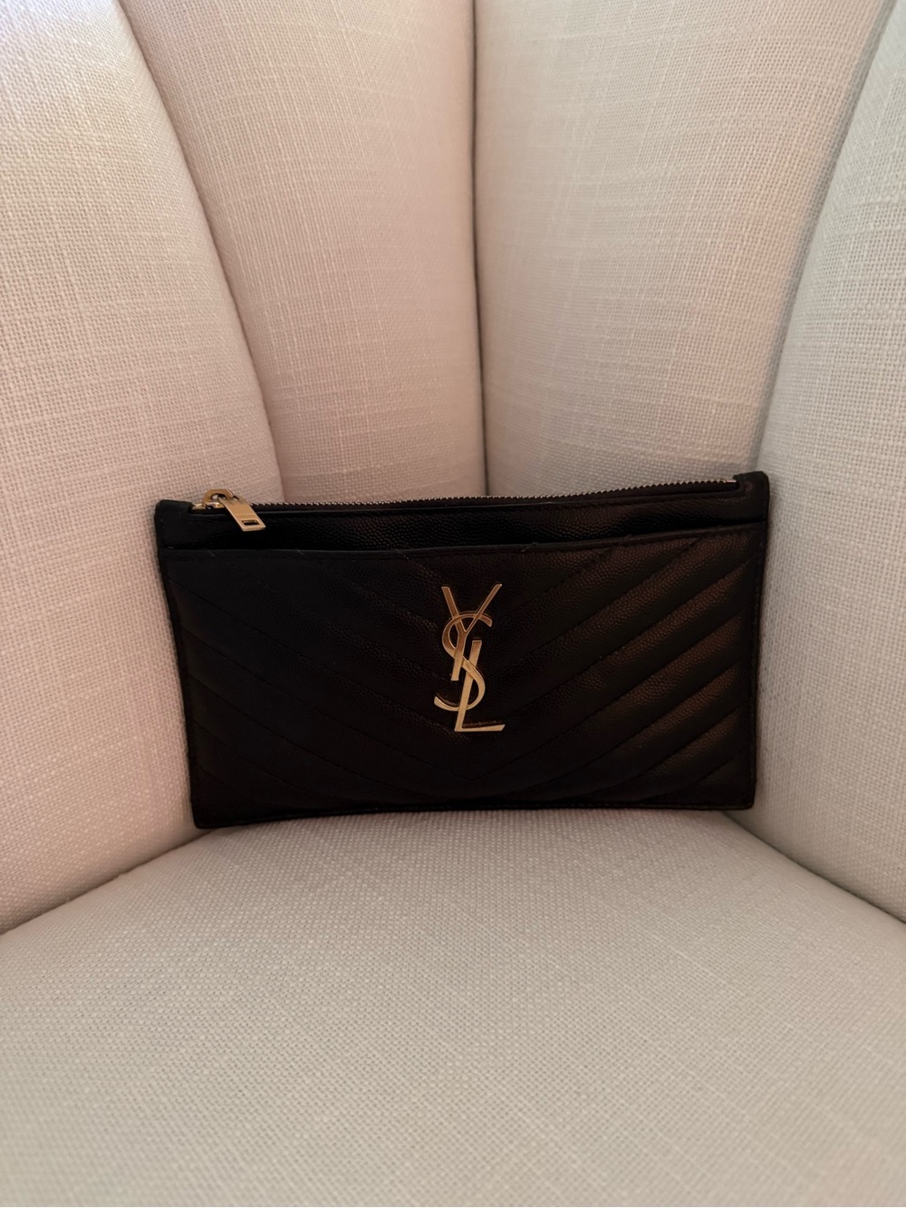 Saint Laurent Black Quilted Leather Zip Clutch “Bill Wallet” Gold YSL Monogram -